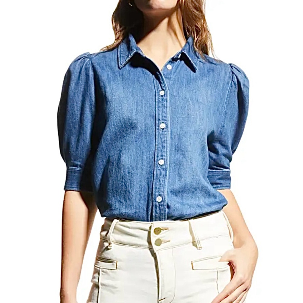Frame Denim Blue Puff-Sleeve Denim Shirt